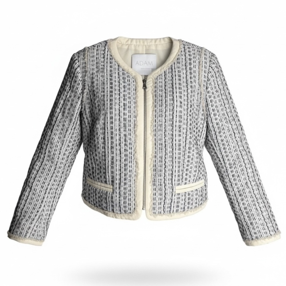 Adam Lippes Quilted Tweed Fringe Cropped Blazer Jacket Size 4 Striped Blue White